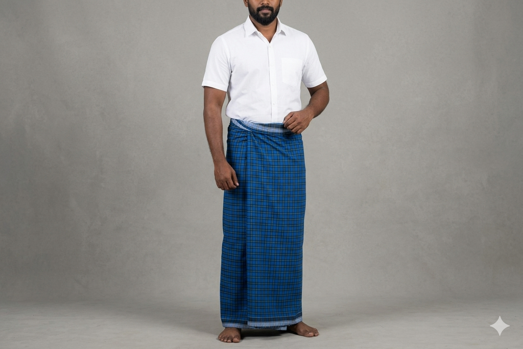 Premium Cotton Checked Kaili / Lungi – Classic Blue & Teal Pattern (2.10 Meters)
