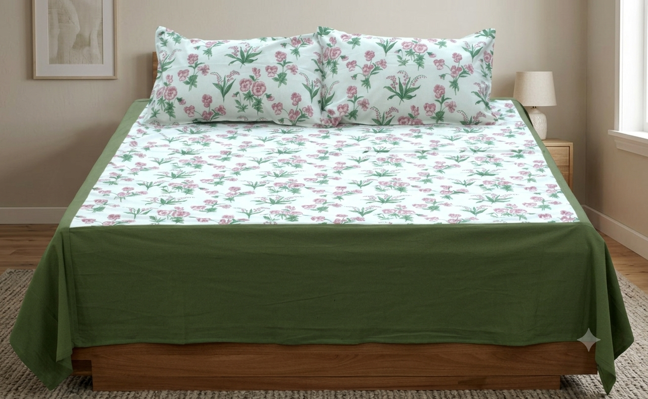 Queen Size Cotton Floral Bedspread with 2 Pillow Covers – White, Pink & Olive Green