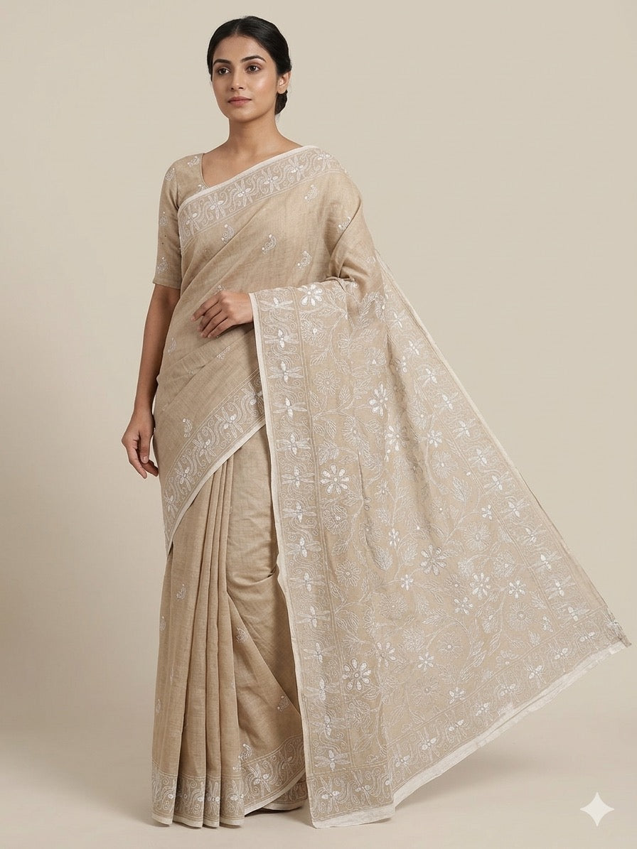 Elegant Beige Embroidered Saree with Intricate Floral Border