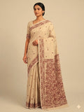Elegant Beige Cotton Saree with Maroon Floral Border & Pallu