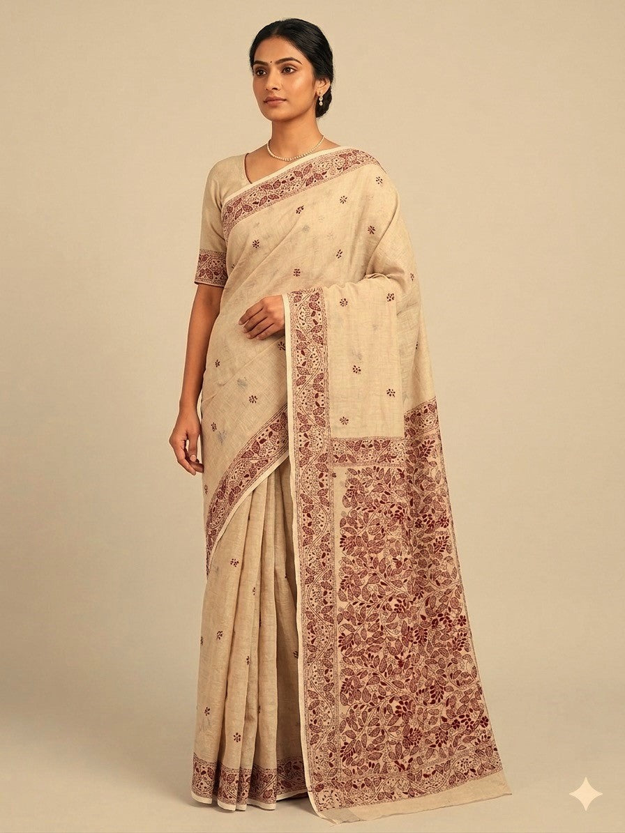 Elegant Beige Cotton Saree with Maroon Floral Border & Pallu