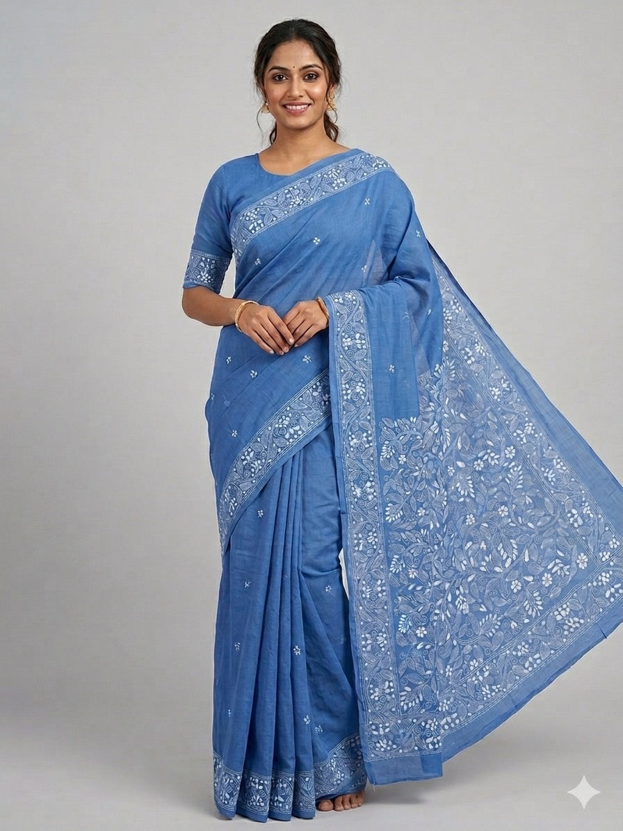Elegant Blue Cotton Saree with Intricate Floral Border & Pallu