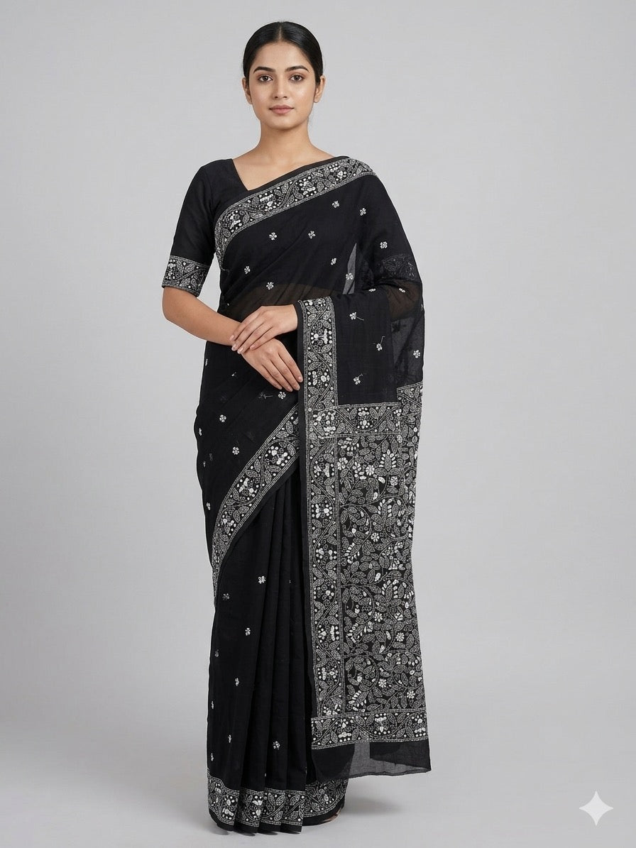 Midnight Noir Hand-Embroidered Cotton Saree with Intricate Floral Border
