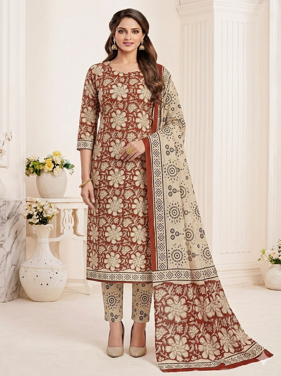 Elegant Handblock Printed Cotton Churidar Set – Red Floral & Indigo Motif