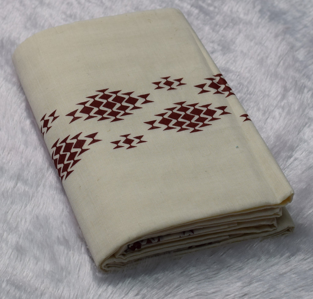 Off-White Cotton Set Mundu with Maroon Geometric Print