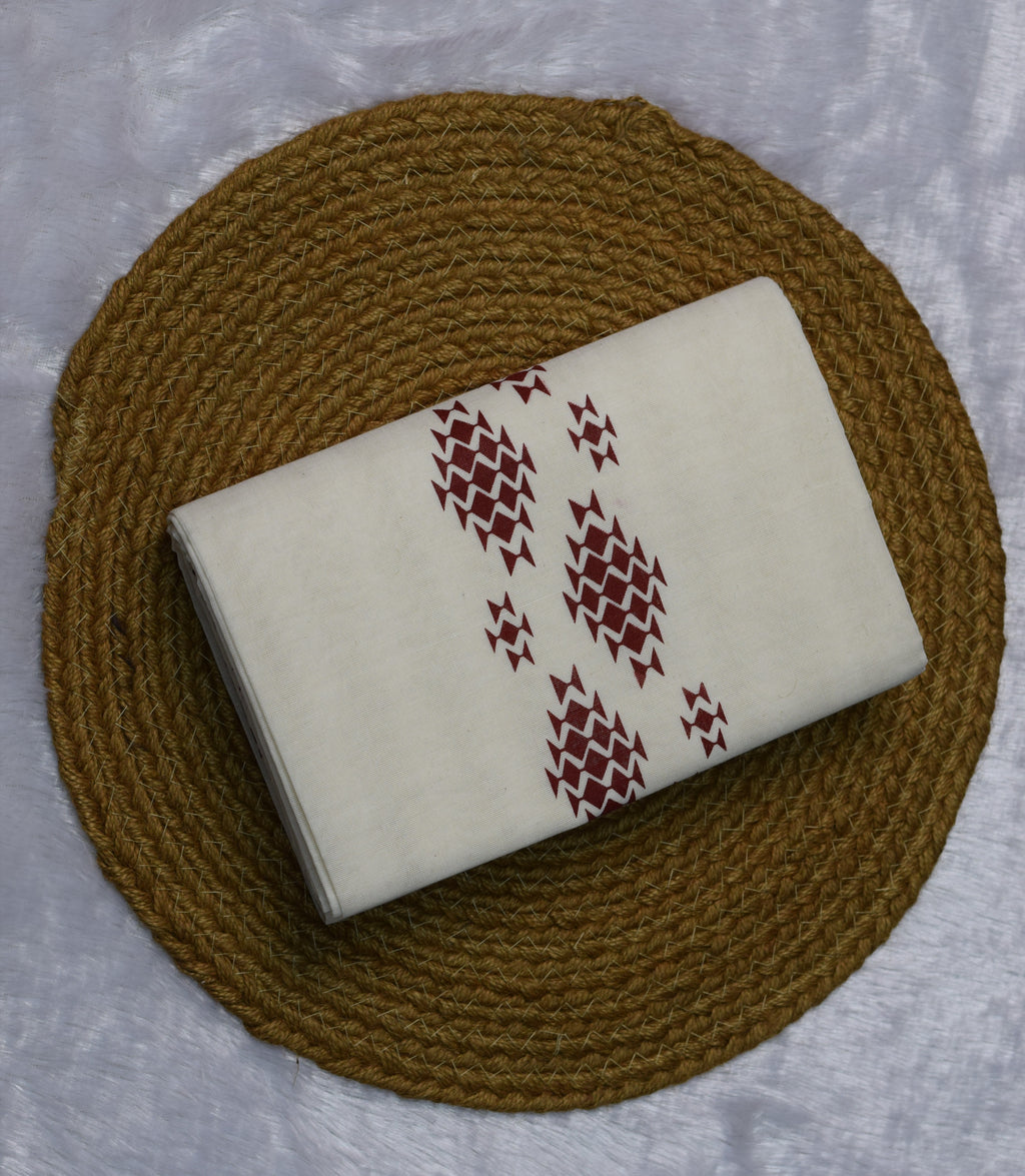 Off-White Cotton Set Mundu with Maroon Geometric Print