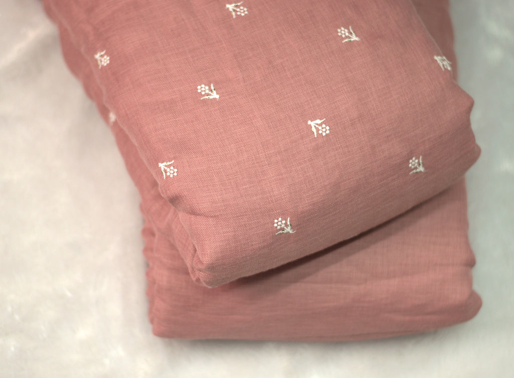Dusty Rose Semi Linen Embroidered Top & Bottom Dress Material Set (2.75 m + 2 m) - Main Product Image - Linen Embroidered - Nushio
