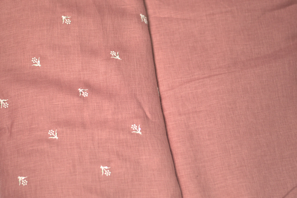 Dusty Rose Semi Linen Embroidered Top & Bottom Dress Material Set (2.75 m + 2 m) - Detail View - Linen Embroidered - Nushio