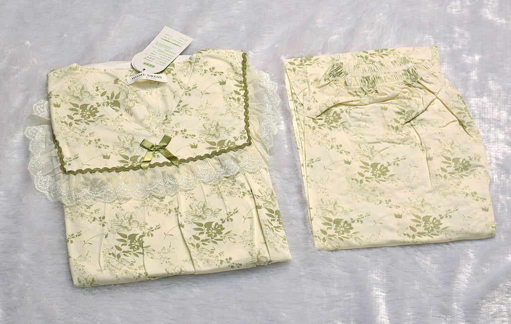 Floral Lace Trim Night Dress Set - Cream & Olive Green