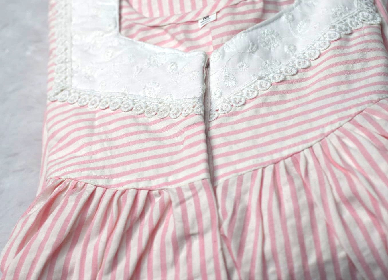Title: Soft Cotton Striped Nighty – Medium Size | Pink &  White Embroidered Neck Design