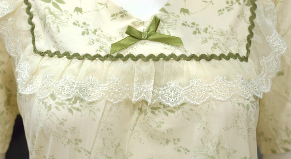 Floral Lace Trim Night Dress Set - Cream & Olive Green - View 2 - Floral - Nushio