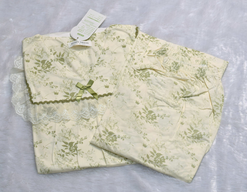 Floral Lace Trim Night Dress Set - Cream & Olive Green