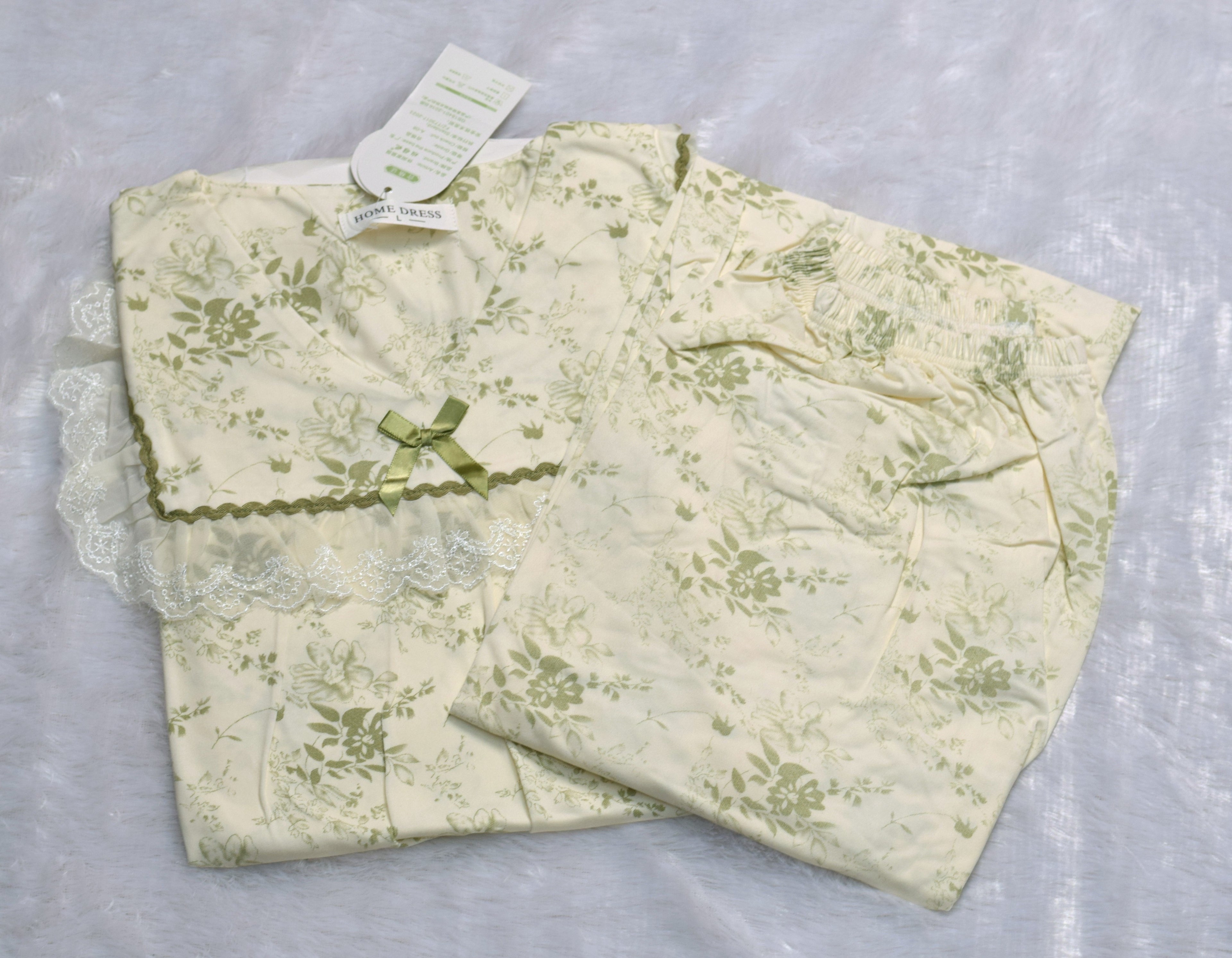 Floral Lace Trim Night Dress Set - Cream & Olive Green