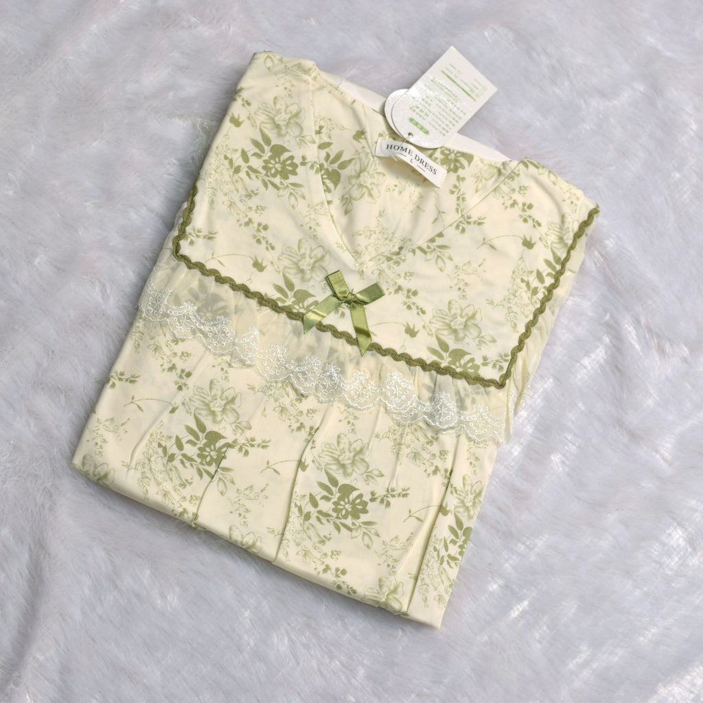 Floral Lace Trim Night Dress Set - Cream & Olive Green