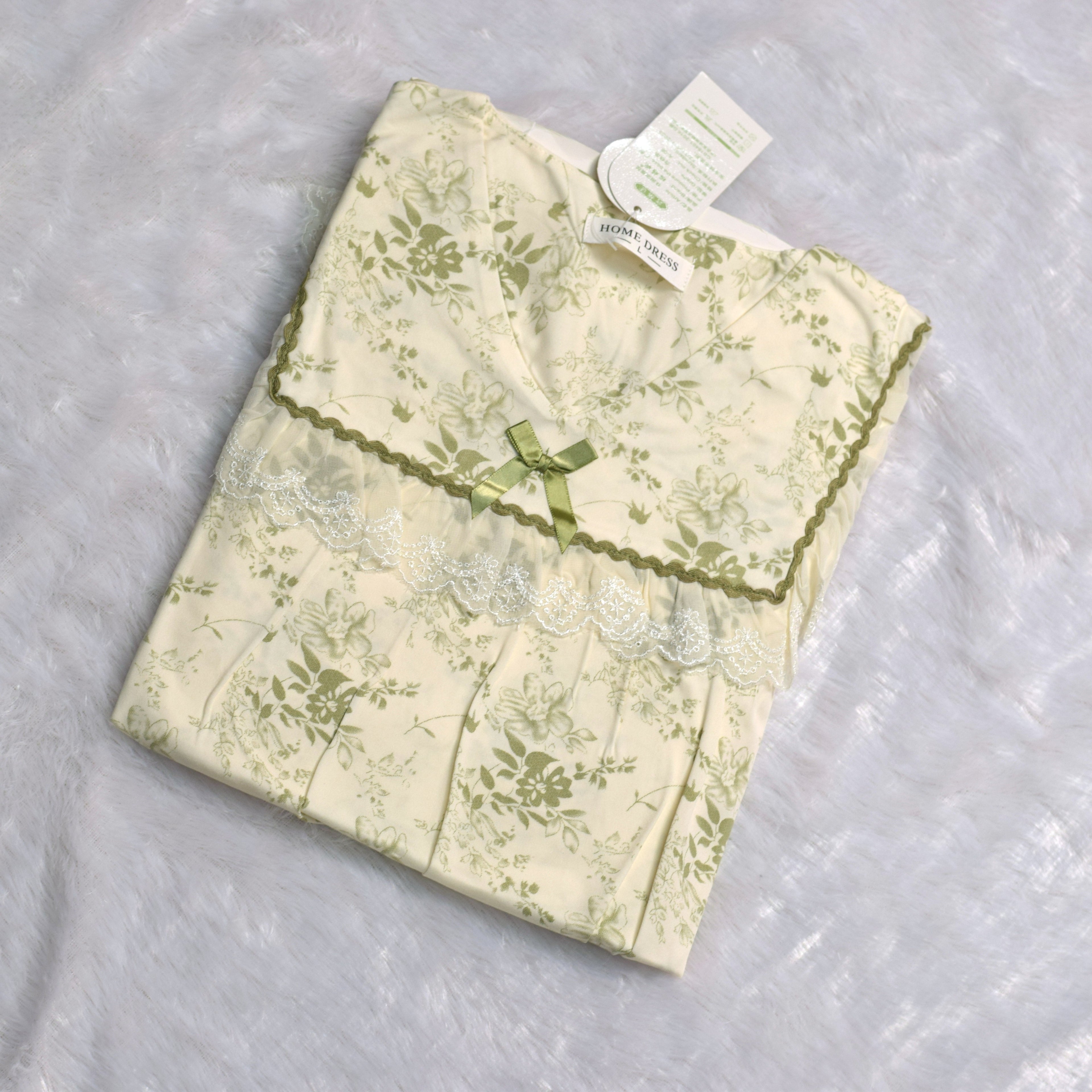 Floral Lace Trim Night Dress Set - Cream & Olive Green
