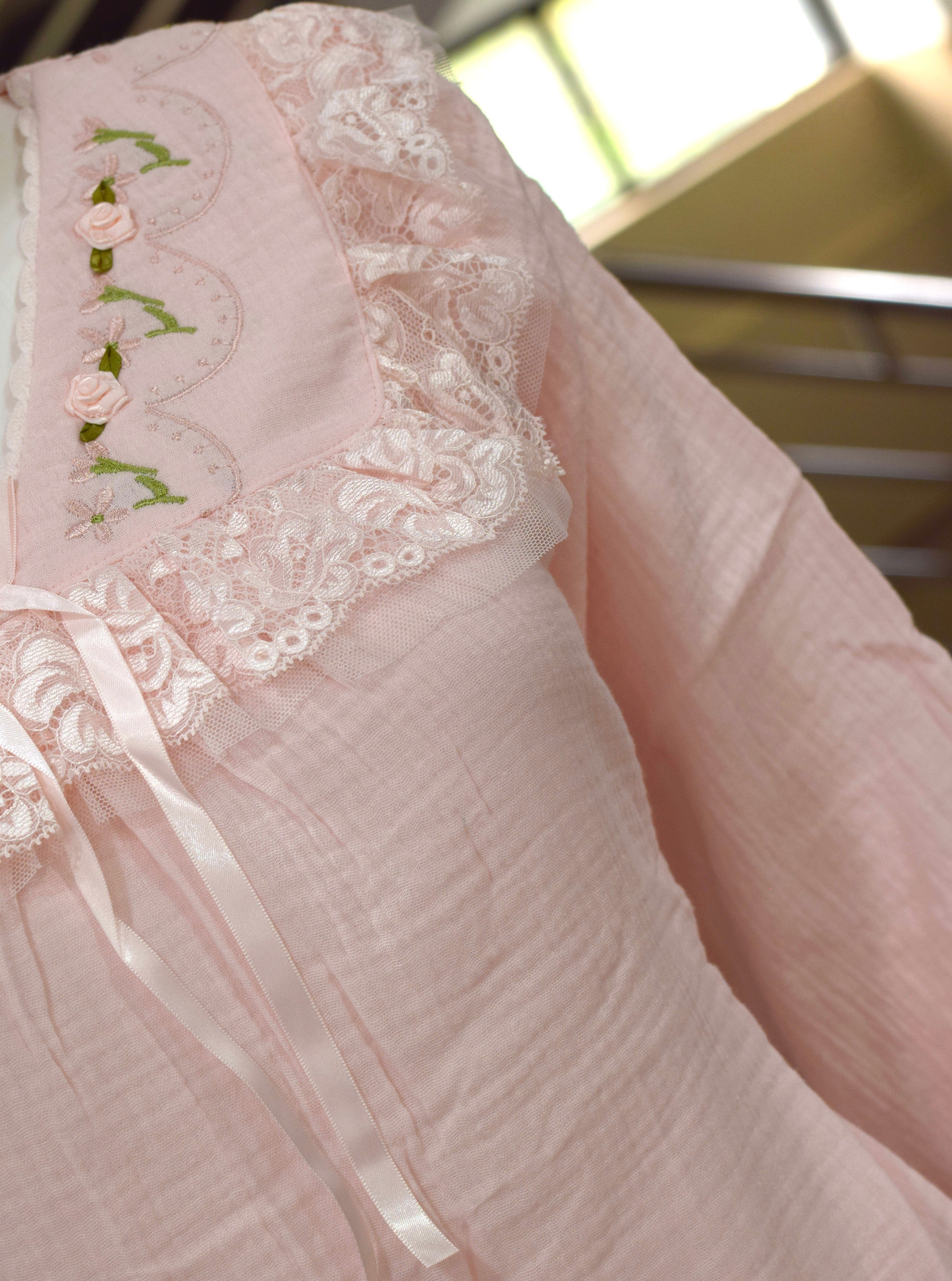 Blush Pink Lace-Trim Cotton Night Dress Set | Nushio