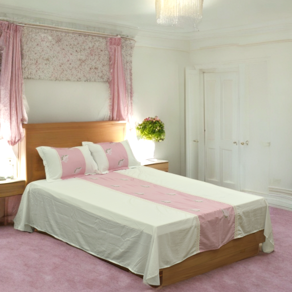 Pink Bird Motif King Size Bed Sheet Set - Soft - Main Product Image - Nushio
