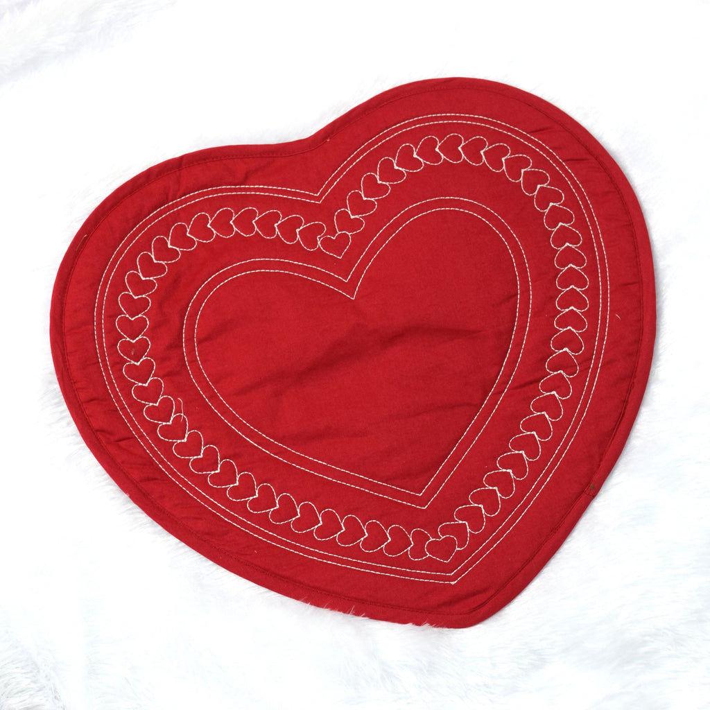 Red Heart-Shaped Table Mat with White Heart Embroidery | Decorative Dining Table Mat