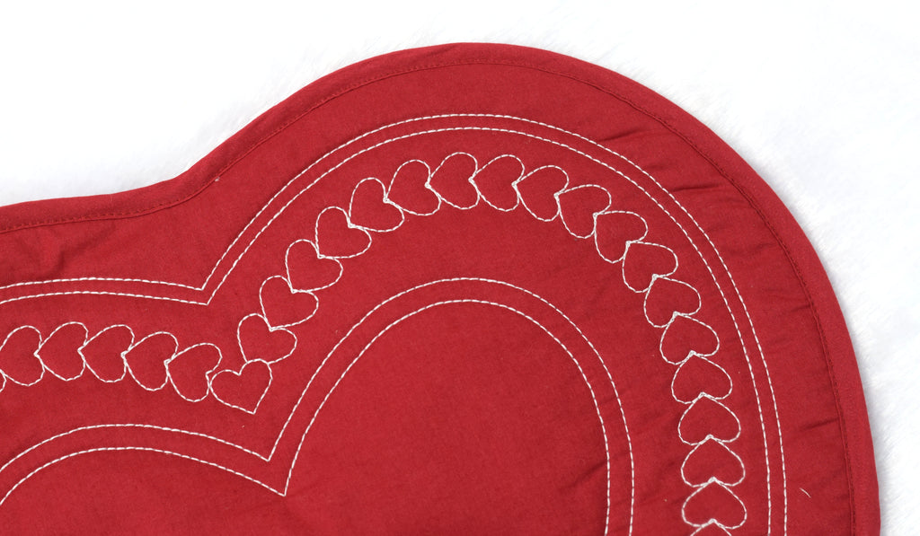Red Heart-Shaped Table Mat with White Heart Embroidery | Decorative Dining Table Mat