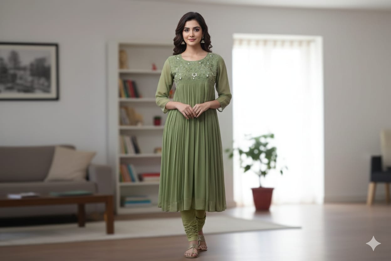 Olive Green Embroidered Churidar Top for Women - Main Product Image - Embroidered - Nushio