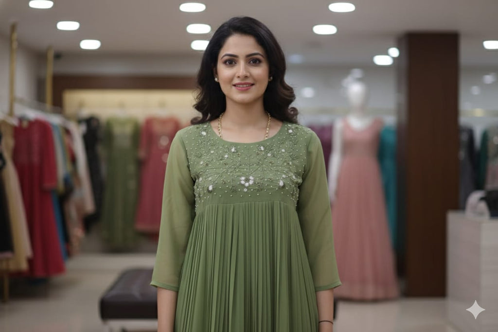 Olive Green Embroidered Churidar Top for Women - View 2 - Embroidered - Nushio