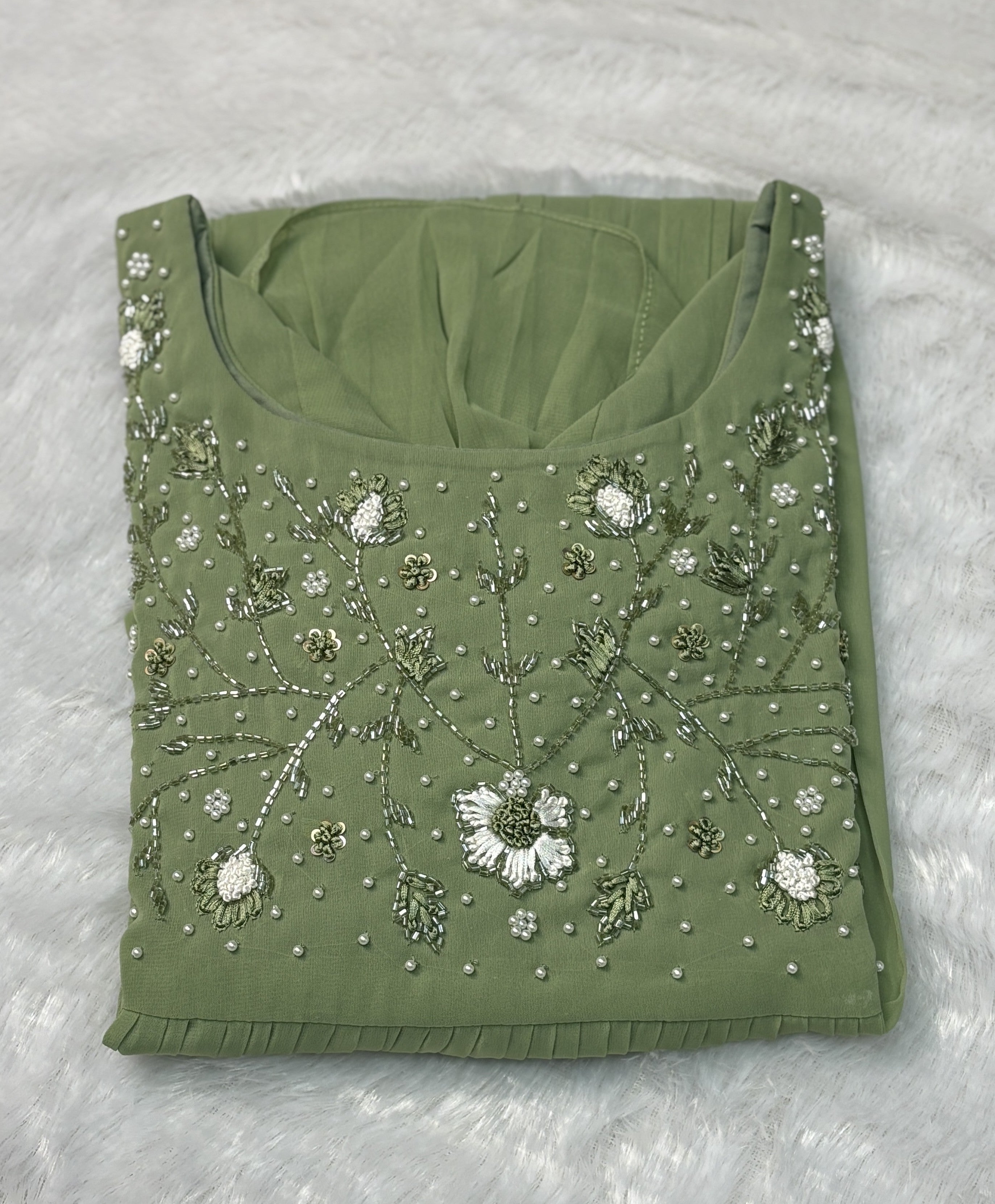 Olive Green Embroidered Churidar Top for Women - View 3 - Embroidered - Nushio