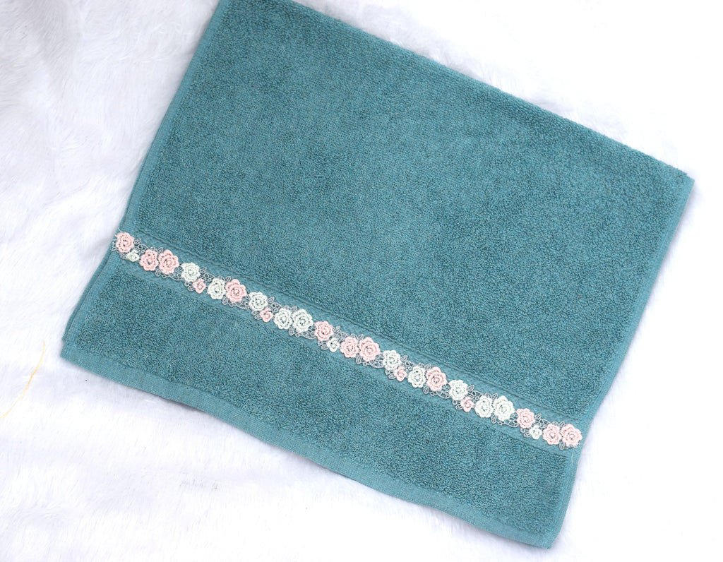 Teal Hand Towel with Floral Lace Border - 27x18 Inches