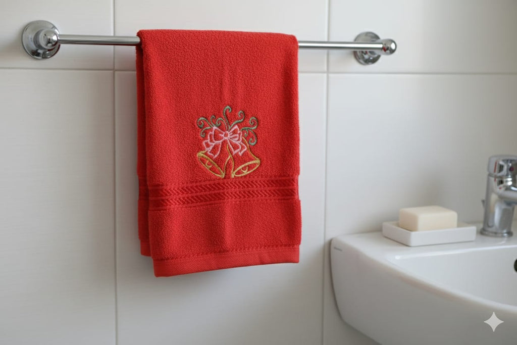 Festive Red Turkey Towel with Embroidered Christmas Bells