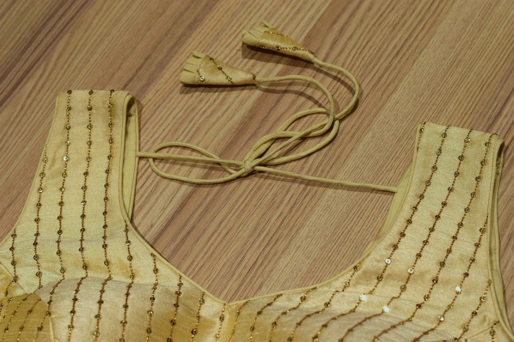Golden Semi-Silk Padded Readymade Saree Blouse with Vertical Sequins Strips & Dori Tie-Up