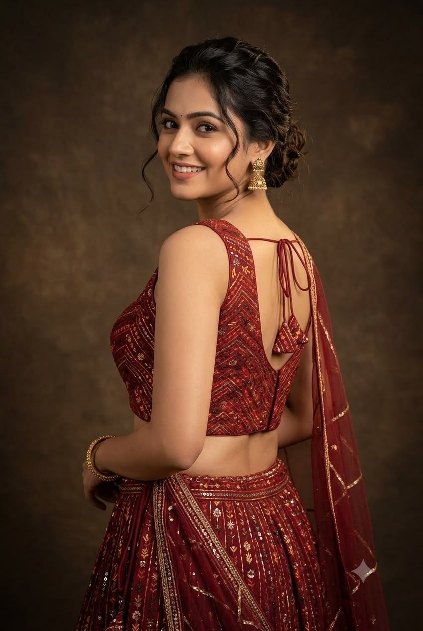 Maroon Padded Readymade Saree Blouse with Intricate Sequin & Thread Embroidery & Dori Tie-Up