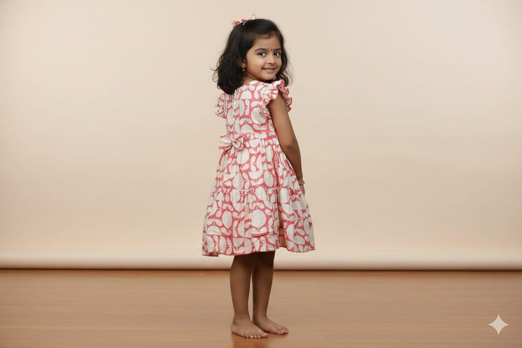 Girls Red & Cream Leaf Print Cotton Frock with Ruffle Sleeves - View 2 - Cotton - Nushio