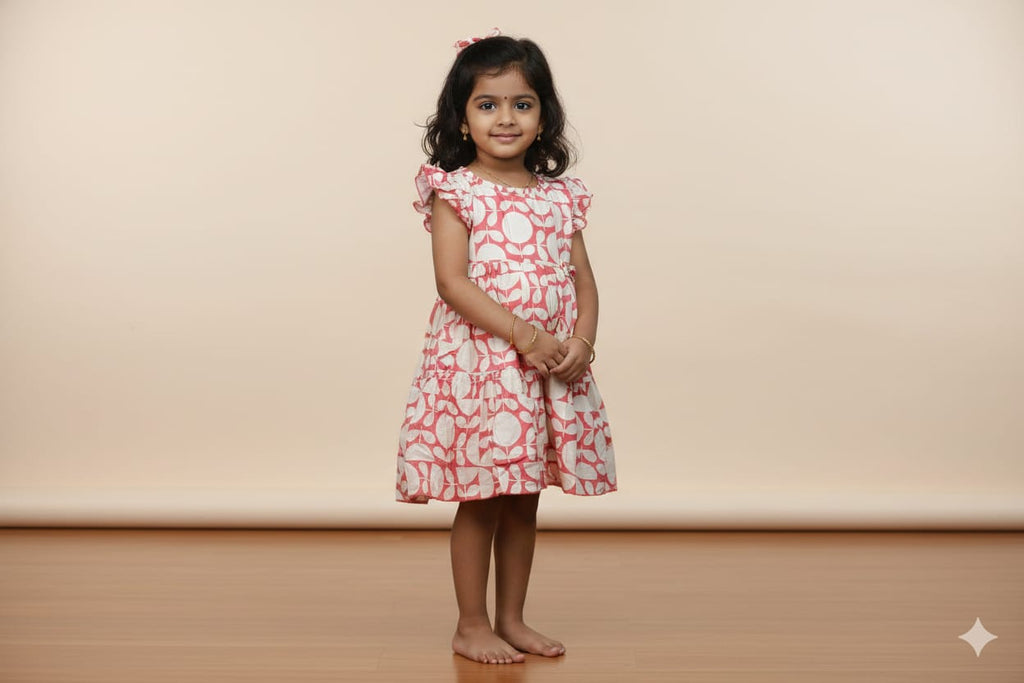 Girls Red & Cream Leaf Print Cotton Frock with Ruffle Sleeves - Main Product Image - Cotton - Nushio