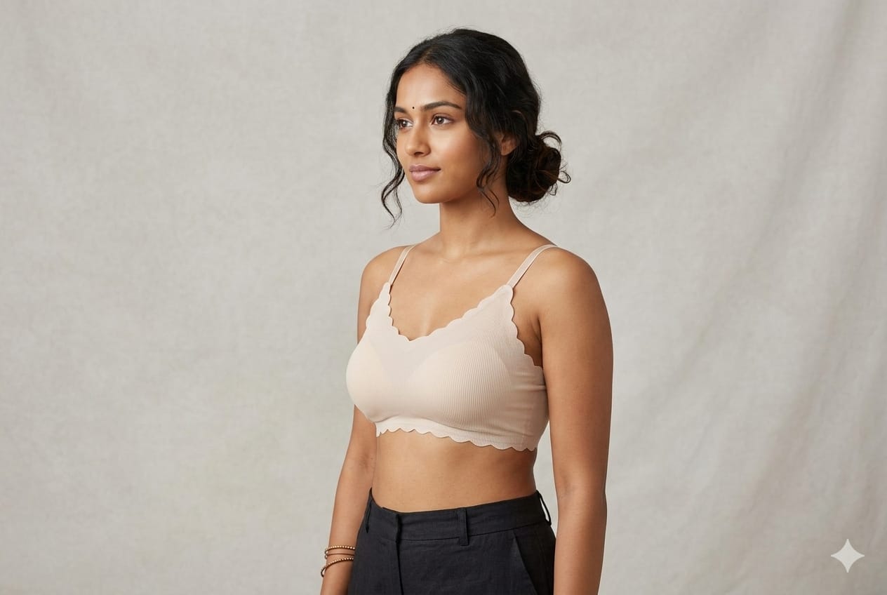 Women’s Ribbed Seamless Scallop Edge Bralette – Soft Stretch Padded freesize