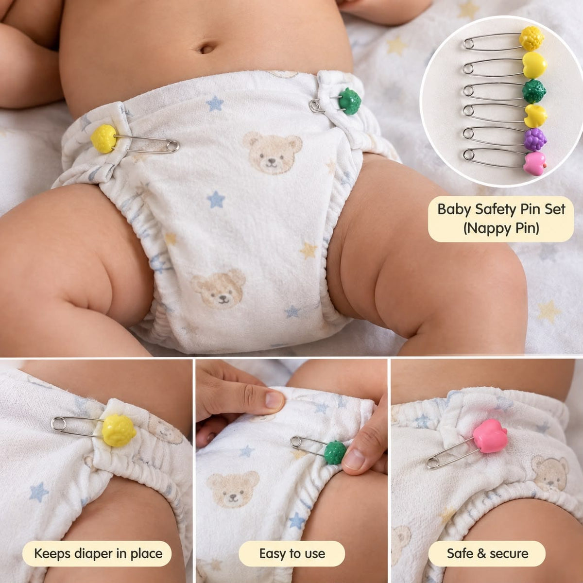 Cute Fruit & Animal Head Baby Safety Pins (Pack of 6)