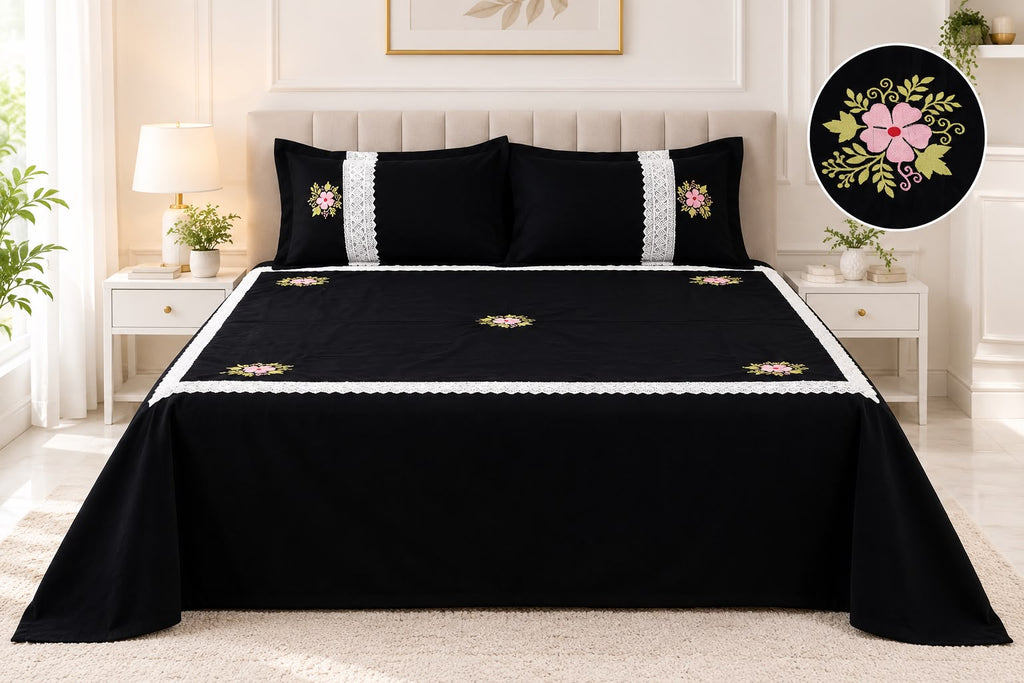 Black Cotton (satin finishing) King Size Bedspread with Floral Embroidery & Lace Border