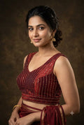 Deep Red Semi-Silk Padded Readymade Saree Blouse with Vertical Sequin Strips & Dori Tie-Up (Sleeve Material Included)