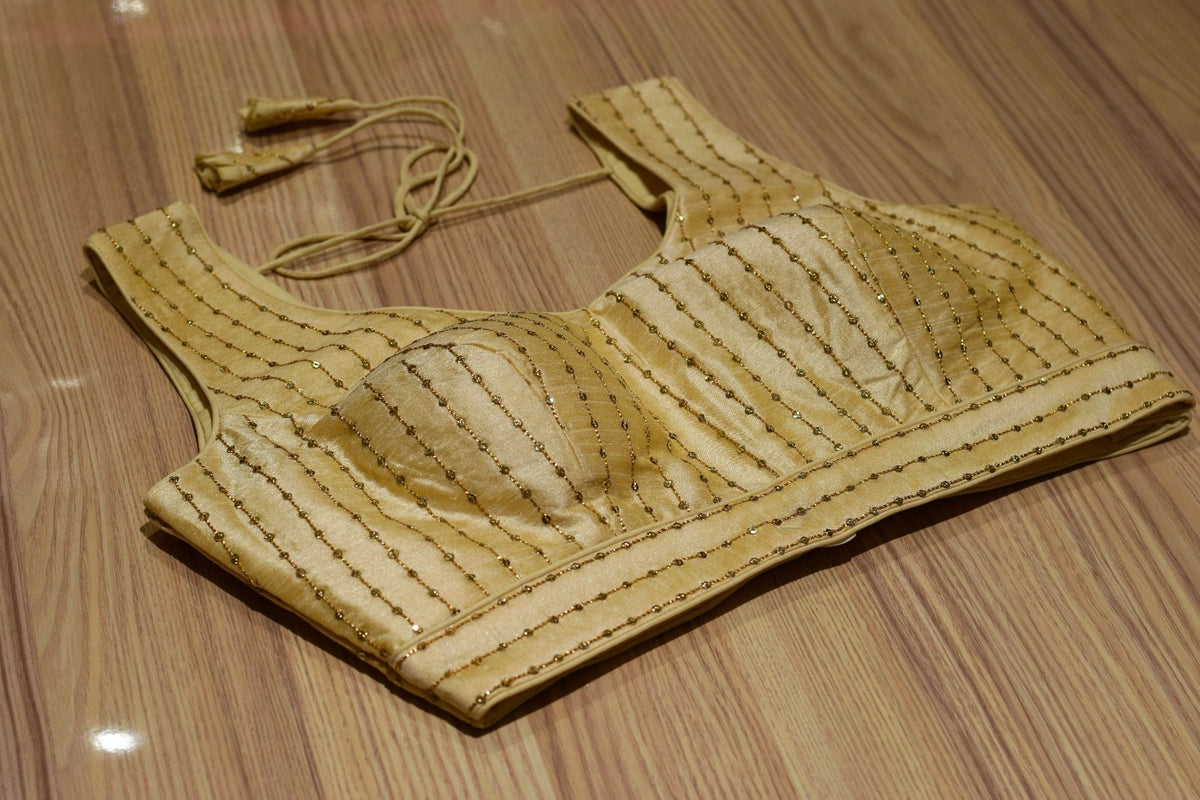 Golden Semi-Silk Padded Readymade Saree Blouse with Vertical Sequins Strips & Dori Tie-Up