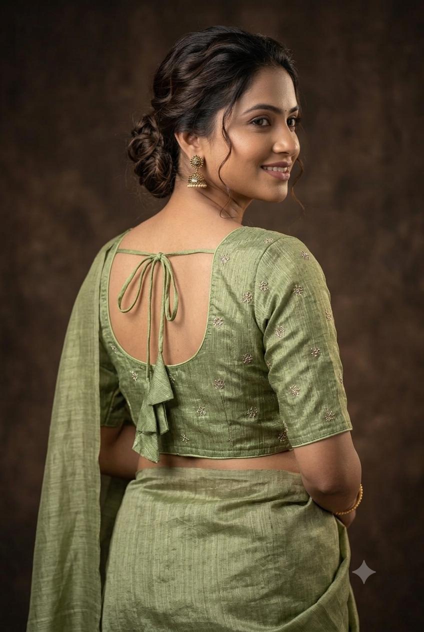 Olive Crush Organza Front-Open Saree Blouse | Designer Readymade Blouse