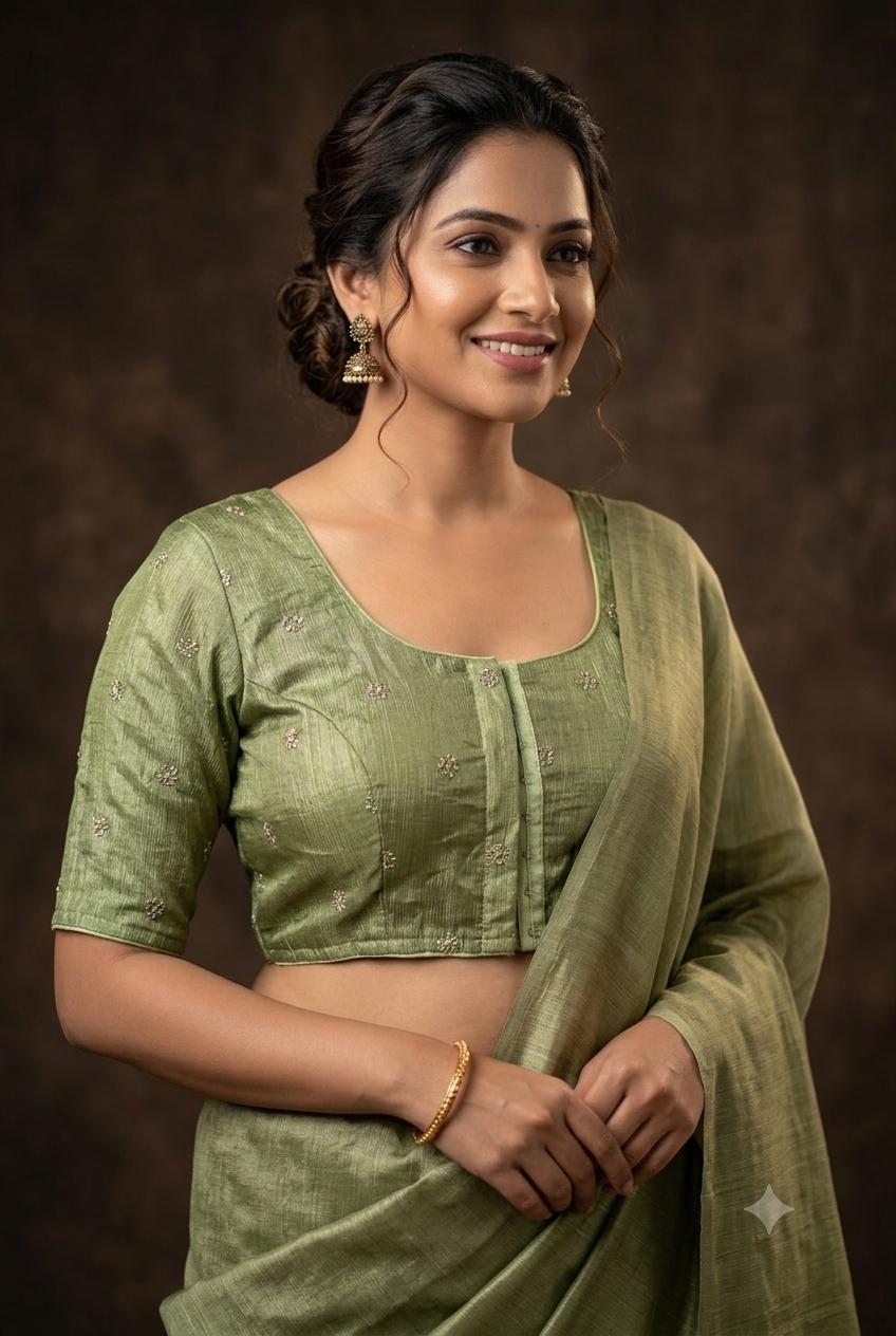 Olive Crush Organza Front-Open Saree Blouse | Designer Readymade Blouse