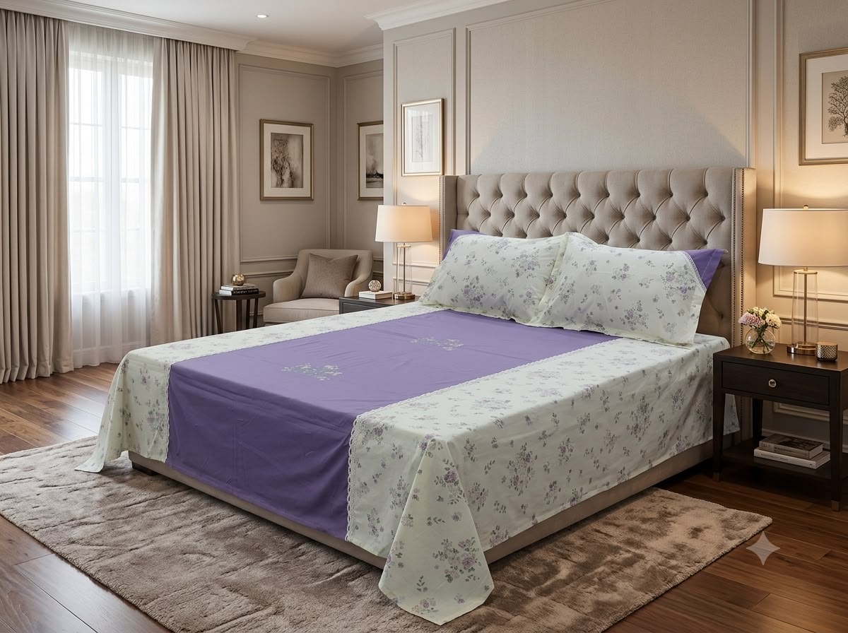 Premium Embroidered Lavender Floral Print King/Queen Bedsheet Set – Nushio by Pulpel