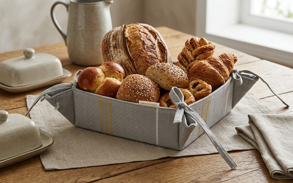 Grey Fabric Bread Basket with Gold Stripe Accent – 30x30 cm Collapsible Table Caddy