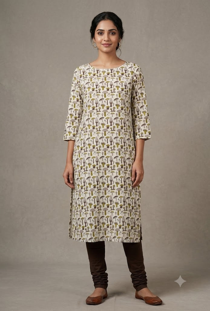 Soft Cotton Mushroom Print Dress Material Top Fabric – White & Olive Green | 2.5 Meter | 44" Width