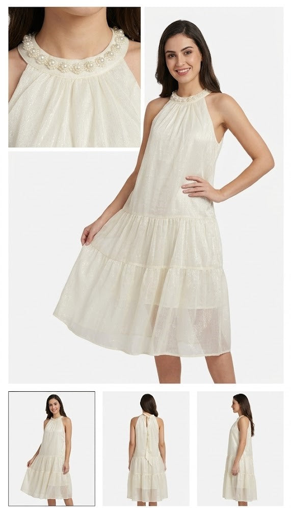 Imported Pearl Neck Sleeveless Free Size Tiered Frock – Elegant Cream Midi Dress for Women