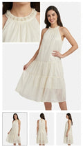 Imported Pearl Neck Sleeveless Free Size Tiered Frock – Elegant Cream Midi Dress for Women