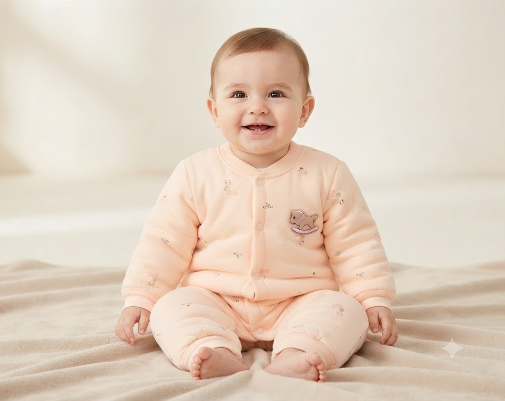 Imported Baby Winter Romper Set with Press Button Closure – Light Baby Peach (9–12 Months)
