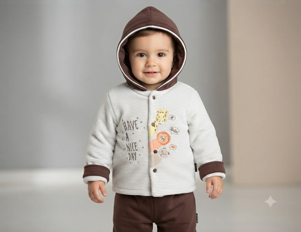 Baby Winter Hooded Sweater Set – Animal Print Jacket & Brown Pants | 2-Piece Outfit (18–24 Months)