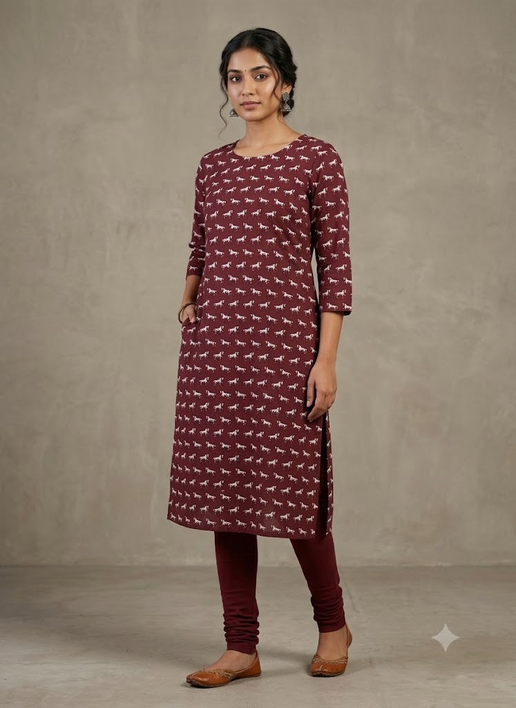 Maroon Horse Print Soft Cotton Top Material – 44" Width | 2.5 Meter Unstitched Fabric