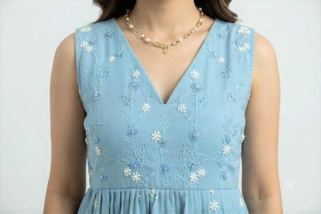 Women’s Sky Blue Mul Chiffon Embroidered Ready-Made Top | Floral Embroidery & Pleated Flare