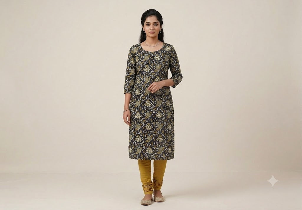 Soft Cotton Floral Printed Dress Material Top Fabric – Black & Mustard | 44" Width | 2.5 Meter