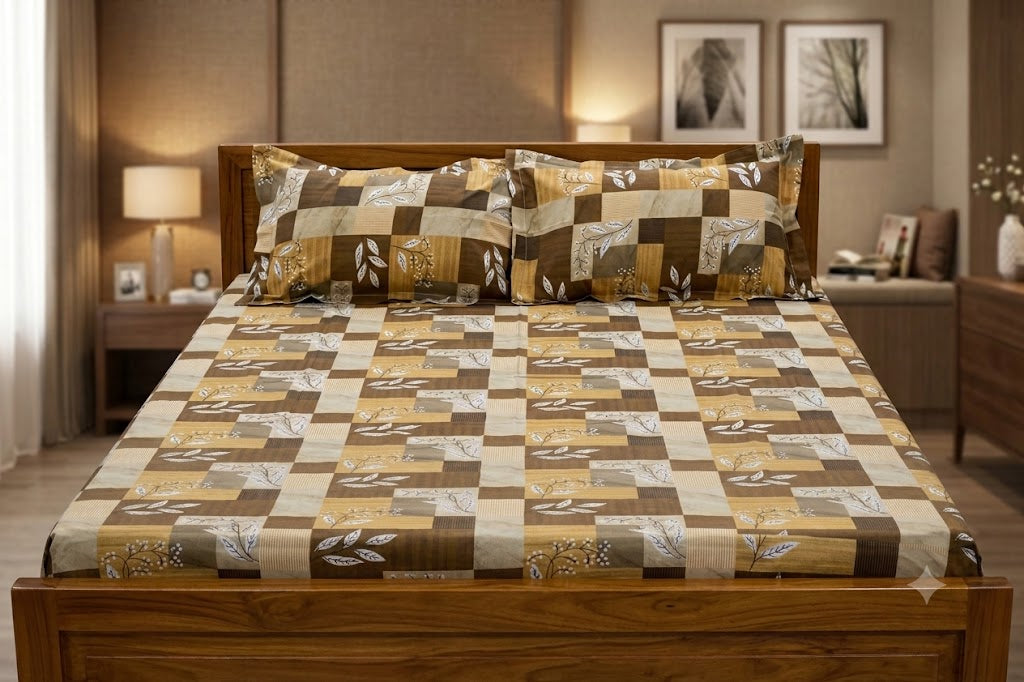 Geometric & Leaf Print Queen Size Cotton Blend Bedsheet with 2 Pillow Covers (90x100 inches)